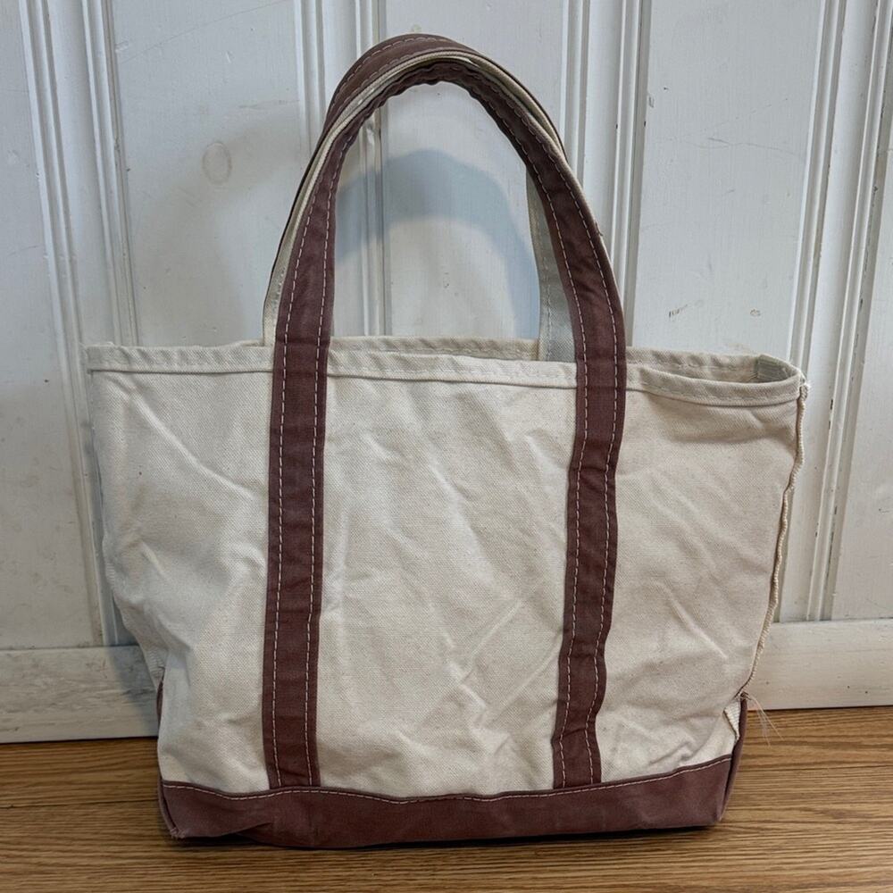 Llbean vtg medium short handle cream and brown boat and tote cotton Canvas